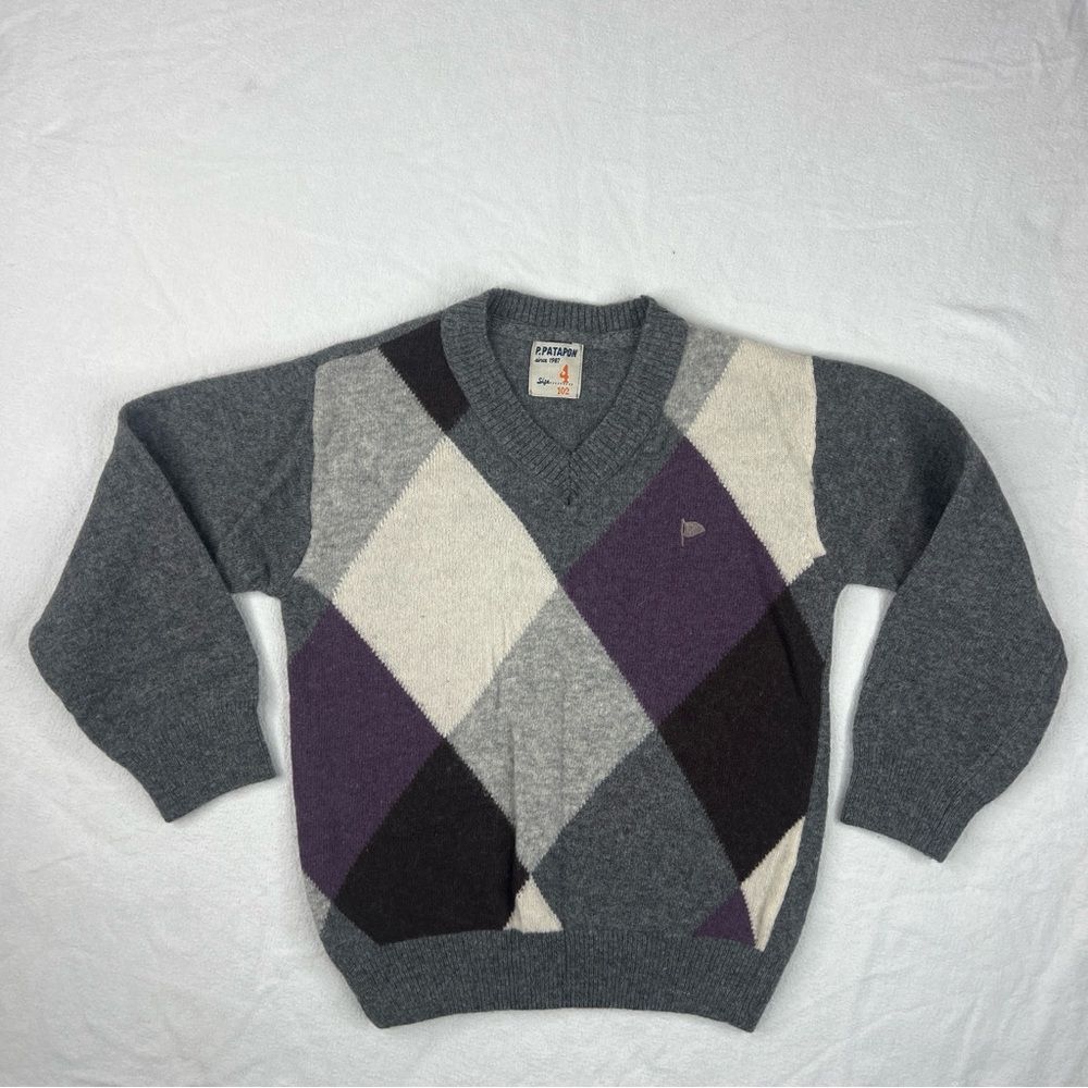 P. Patapon Wool Sweater Boys 4 Gray White Purple